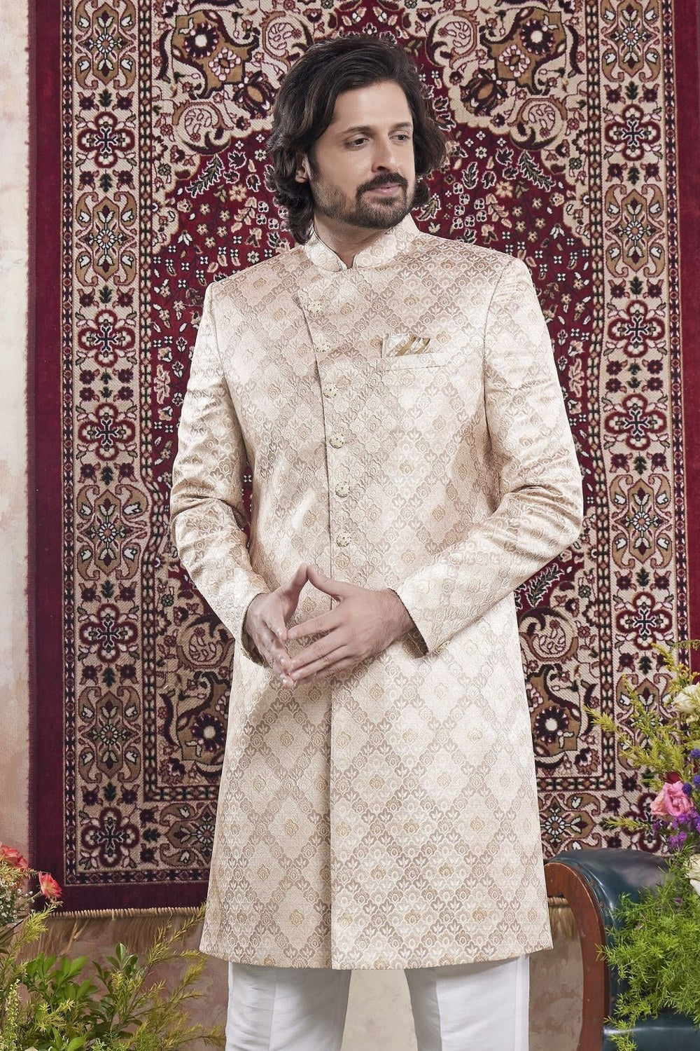 Blush Peach Jacquard Mens Indian Wedding Attire Indo Western - close-up view