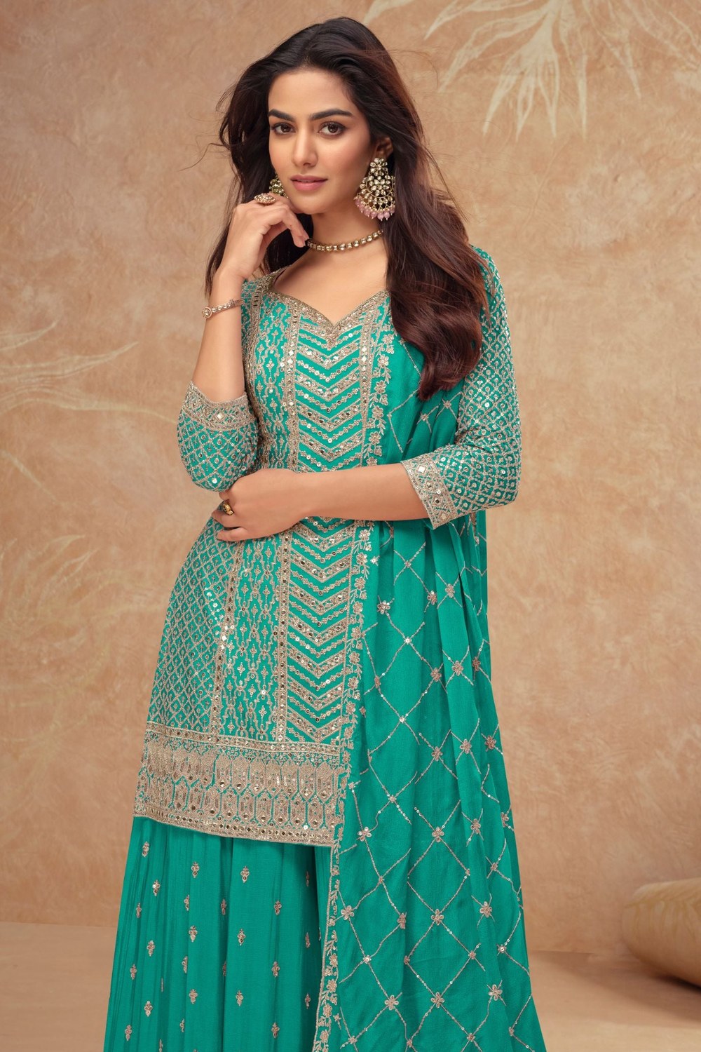 Teal Chinon Silk Plazo Suit For Indian Weddings & Pakitani Festival - Embroidery Work - close-up view