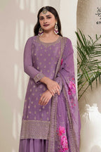 Violet Chinon Silk Palazzo Suit For Indian Festivals & Pakistani Plazo Weddings Dress - Embroidery Work, Print Work - close-up view