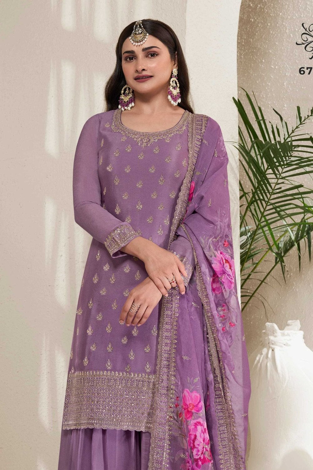 Violet Chinon Silk Palazzo Suit For Indian Festivals & Pakistani Plazo Weddings Dress - Embroidery Work, Print Work - close-up view