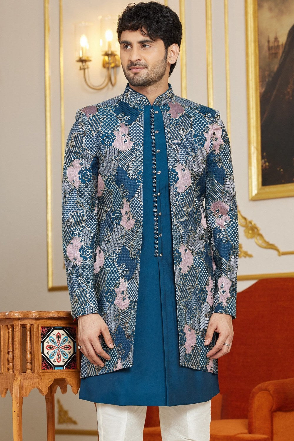 Royal Blue Art Silk Indo Western Suit Long Kurta with Jacket & Pant for Men for Wedding - Thread Embroidery Work - close-up view