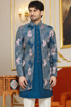 Royal Blue Art Silk Indo Western Suit Long Kurta with Jacket & Pant for Men for Wedding - Thread Embroidery Work - close-up view