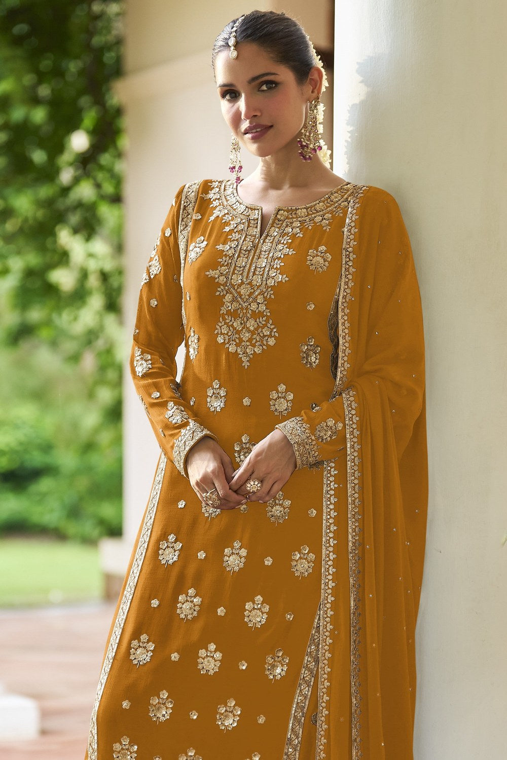 Straight Cut Pakistani Suit in Mustard Chinon Silk with Sequins & Thread Embroidery Work - close-up view