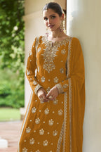 Straight Cut Pakistani Suit in Mustard Chinon Silk with Sequins & Thread Embroidery Work - close-up view
