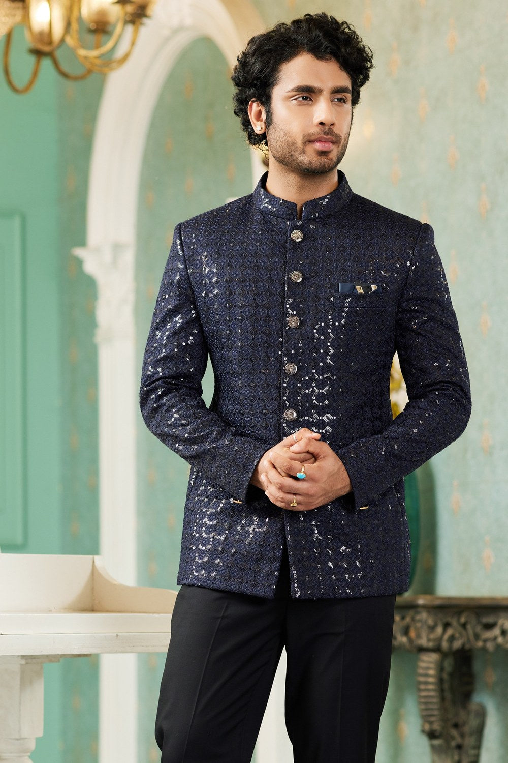 Navy Blue Art Silk Traditional Jodhpuri Suits with Pant for Men for Wedding - Thread Embroidery Work - close-up view