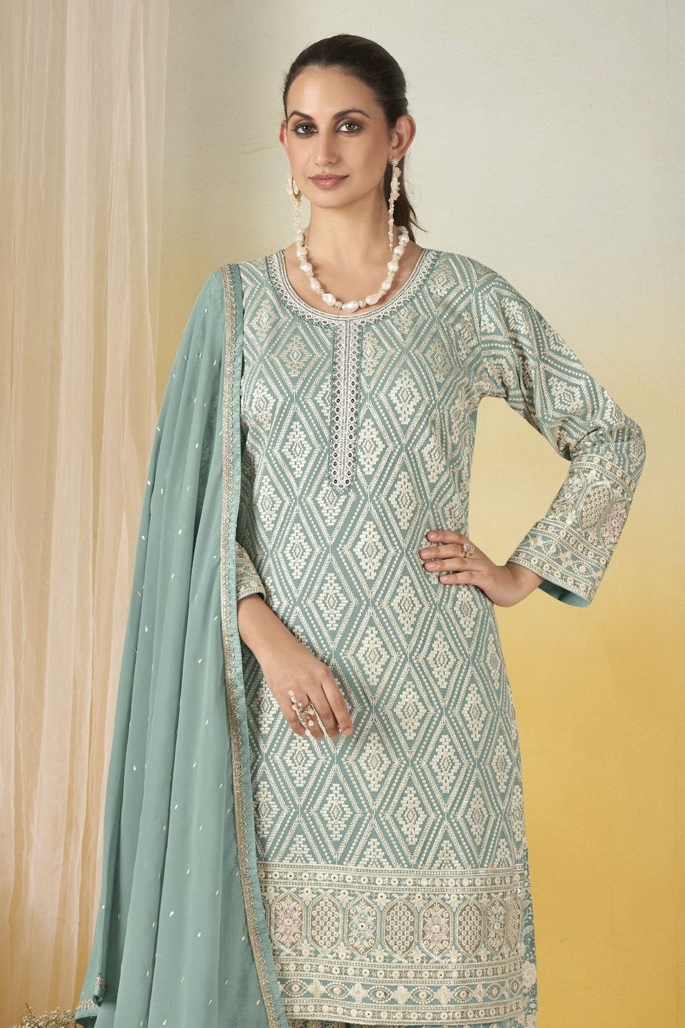 Light Blue Georgette Latest Plazo Design for Wedding - Thread Work - close-up view