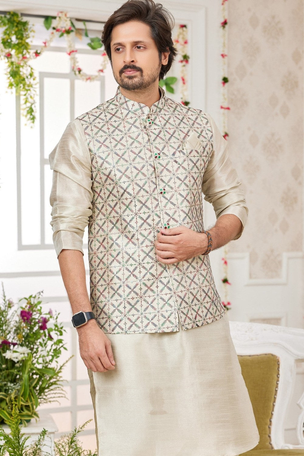 Beige Art Silk Mens Wedding Outfits Kurta Pajama with Waistcoat Jacket - Embroidery Work - close-up view