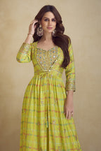 Lime Green Chinon Silk Plazo Choli With Jacket For Indian & Pakistani Wedding Festival - Embroidery Work, Print Work - close-up view
