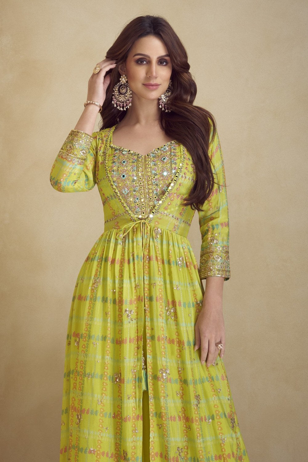 Lime Green Chinon Silk Plazo Choli With Jacket For Indian & Pakistani Wedding Festival - Embroidery Work, Print Work - close-up view