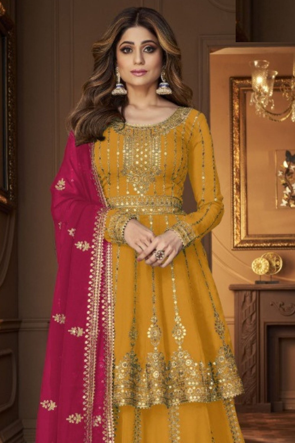 Dark Yellow Georgette Kameez with Skirt Suit For Indian Wedding & Festival - Sequence Embroidery Work - close-up view