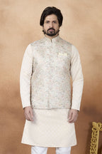 Off White India Traditional Clothing Male - Kurta, Pajama & Waistcoat Set - close-up view