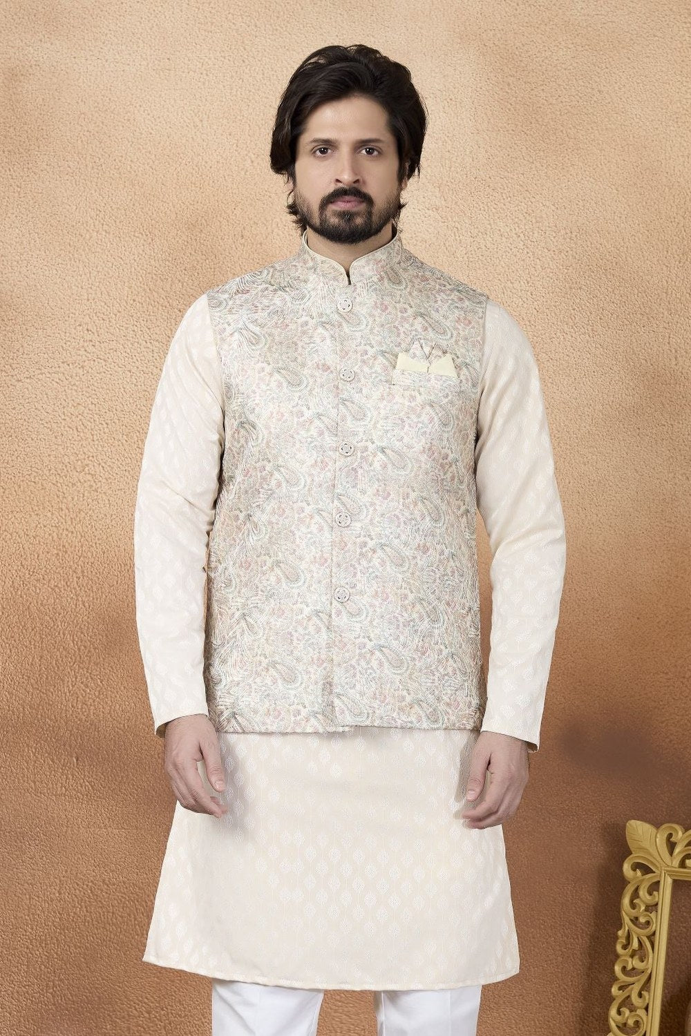 Off White India Traditional Clothing Male - Kurta, Pajama & Waistcoat Set - close-up view