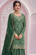 Green Chinon Silk Mehndi Plazo Suit Attires Of India - Thread & Sequence Embroidery Work - close-up view