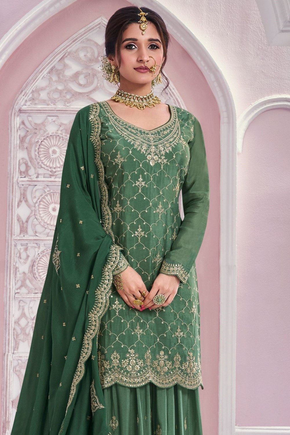 Green Chinon Silk Mehndi Plazo Suit Attires Of India - Thread & Sequence Embroidery Work - close-up view