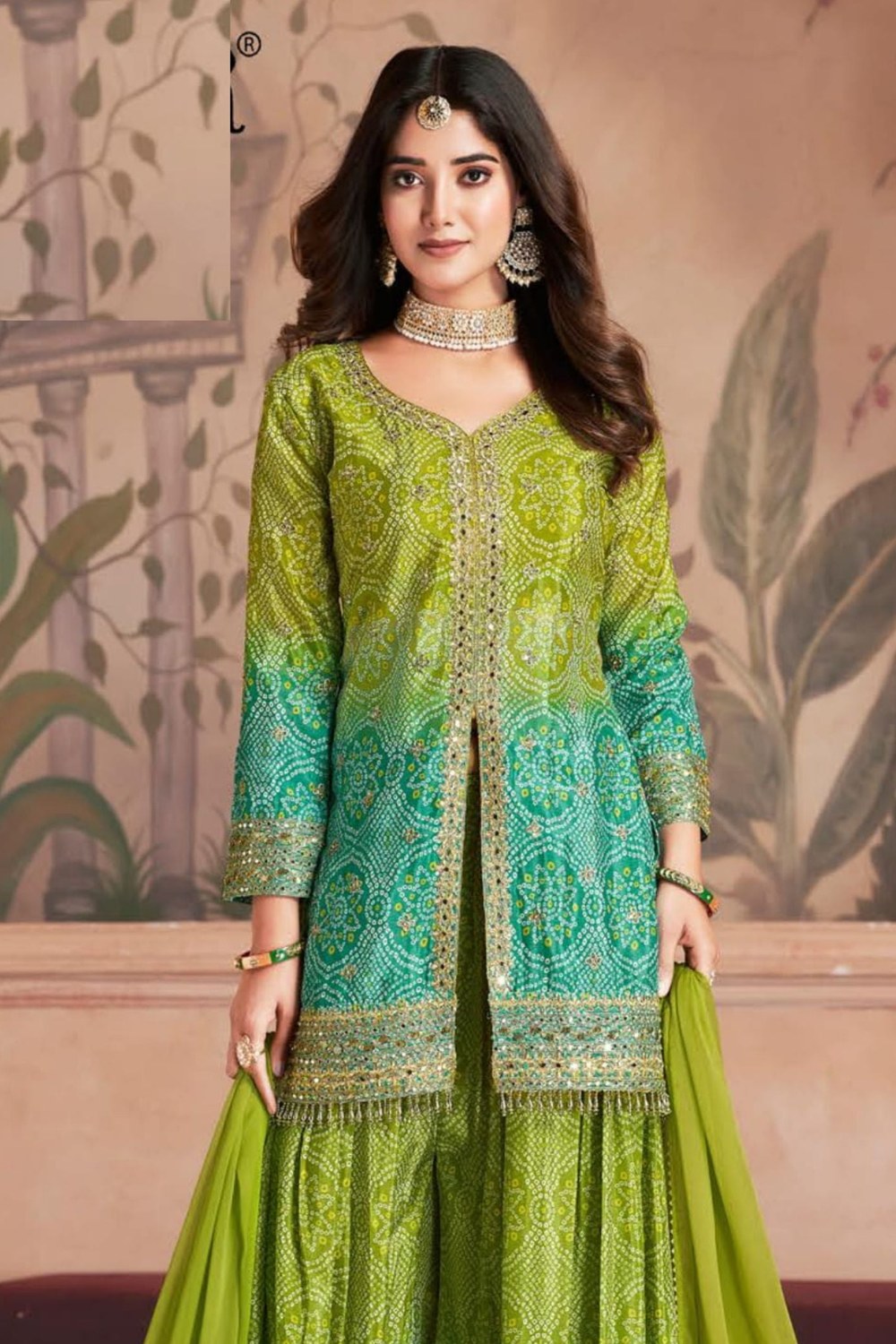 Green Dual Color Chinon Silk Bandhani Style Pattern Palazzo Suit with Chiffon Dupatta For Indian Festivals & Weddings - Sequence Embroidery Work, Mirror Work, Print Work - close-up view