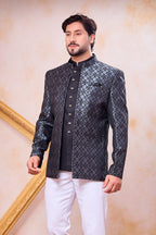 Blackish Gray 3 Piece Jodhpuri Suit, Jacket & Pant - India Traditional Clothing Male - close-up view