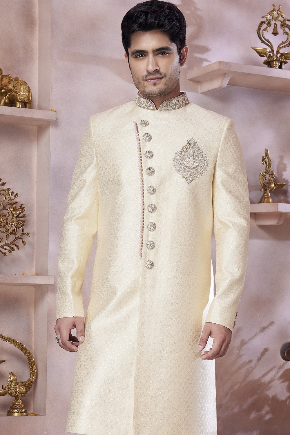 Beige Banarasi Silk Indo Western Traditional Sherwani Long Kurta & Pant Suit for Men for Wedding - Jacquard Work, Embroidery Work - close-up view