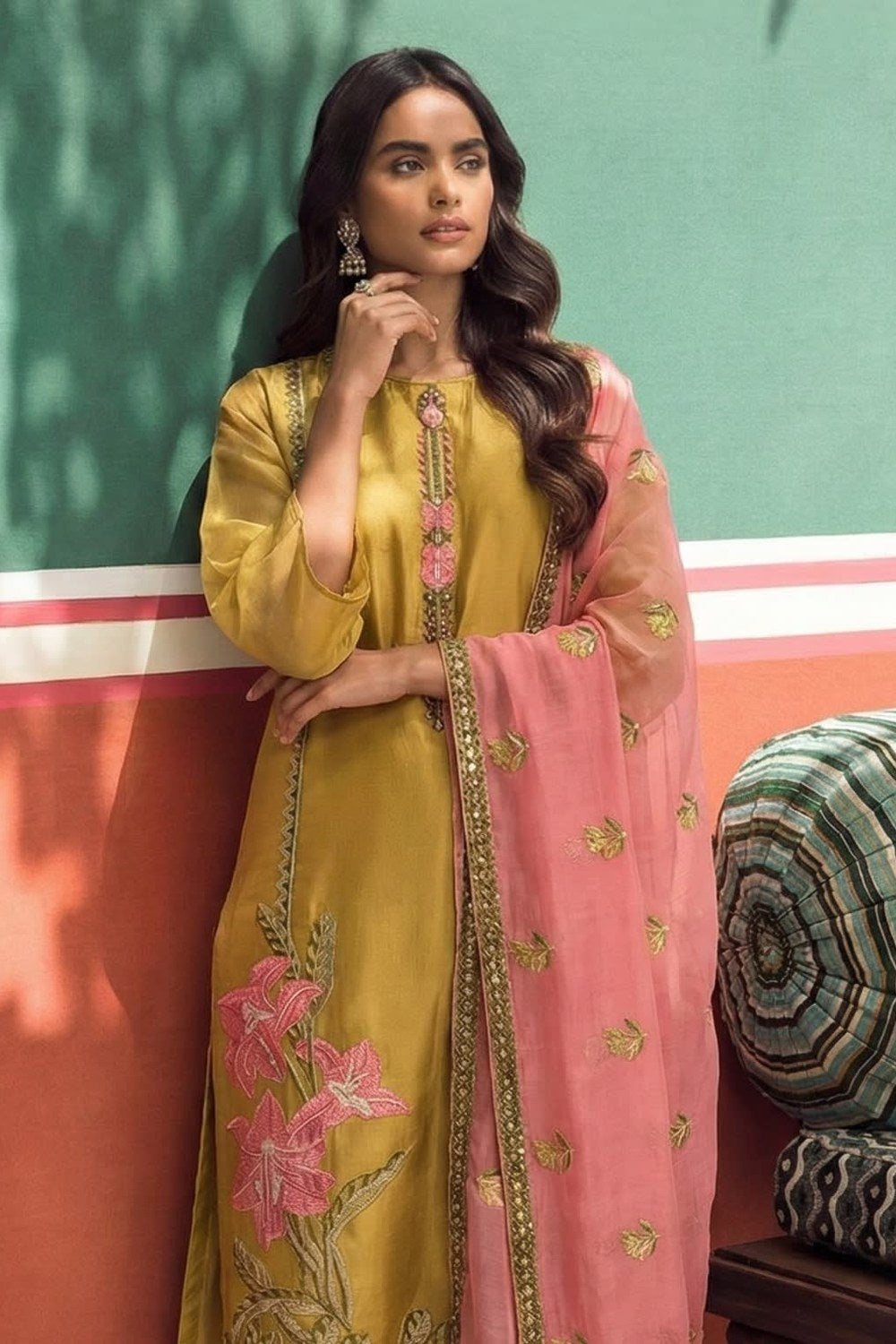 Mustard Fancy Zari Fabric Kameez With Pant For Indian & Pakistani Wedding Festival - Embroidery Work - close-up view