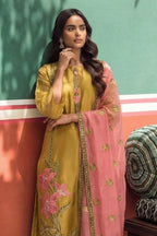 Mustard Fancy Zari Fabric Kameez With Pant For Indian & Pakistani Wedding Festival - Embroidery Work - close-up view