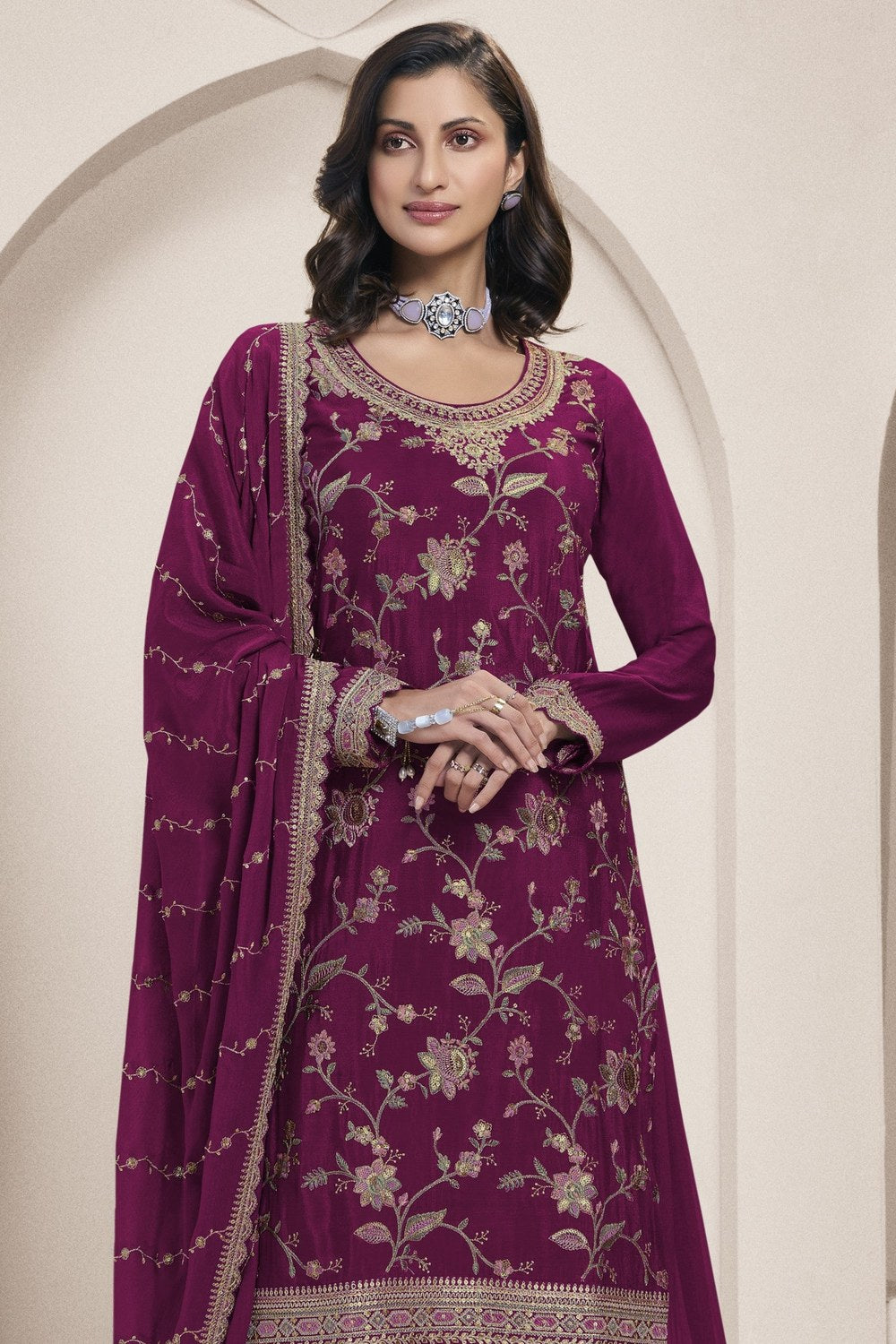 Burgundy Chinon Silk Palazzo Suit For Indian Wedding & Pakistani Festival - Embroidery Work - close-up view