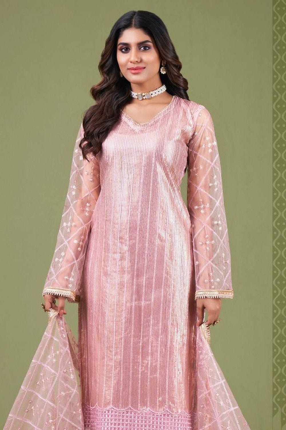 Baby Pink Net Kameez with Pant Indian Attire for Women with Zari Work - close-up view
