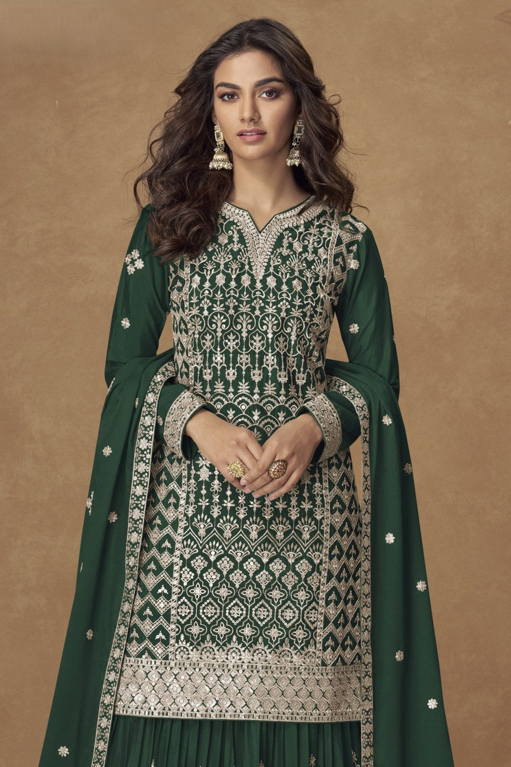 Green Chinon Silk Kameez With Plazzo Suit For Indian & Pakistani Wedding Festival - Thread & Sequence Embroidery - close-up view