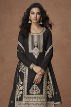 Black Chinon Silk Plazo Suit For Indian & Pakistani Wedding Festival - Embroidery Work - close-up view