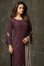 Purple Brown Georgette Kameez With Pant For Wedding & Festival - Embroidery Work 1600 RTS - close-up view