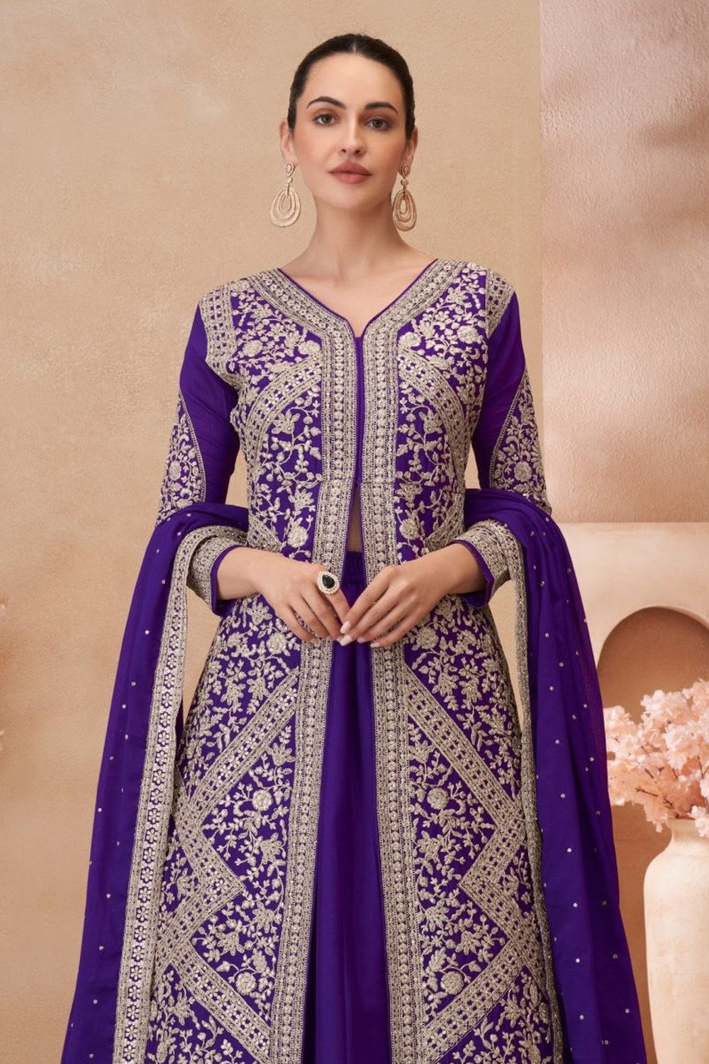 Purple Chinon Silk Kameez With Skirt For Indian & Pakistani Wedding Festival - Embroidery Work - close-up view