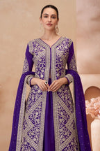 Purple Chinon Silk Kameez With Skirt For Indian & Pakistani Wedding Festival - Embroidery Work - close-up view