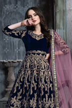 Light Navy Blue Embroidery Anarkali Velvet Suit Women - close-up view