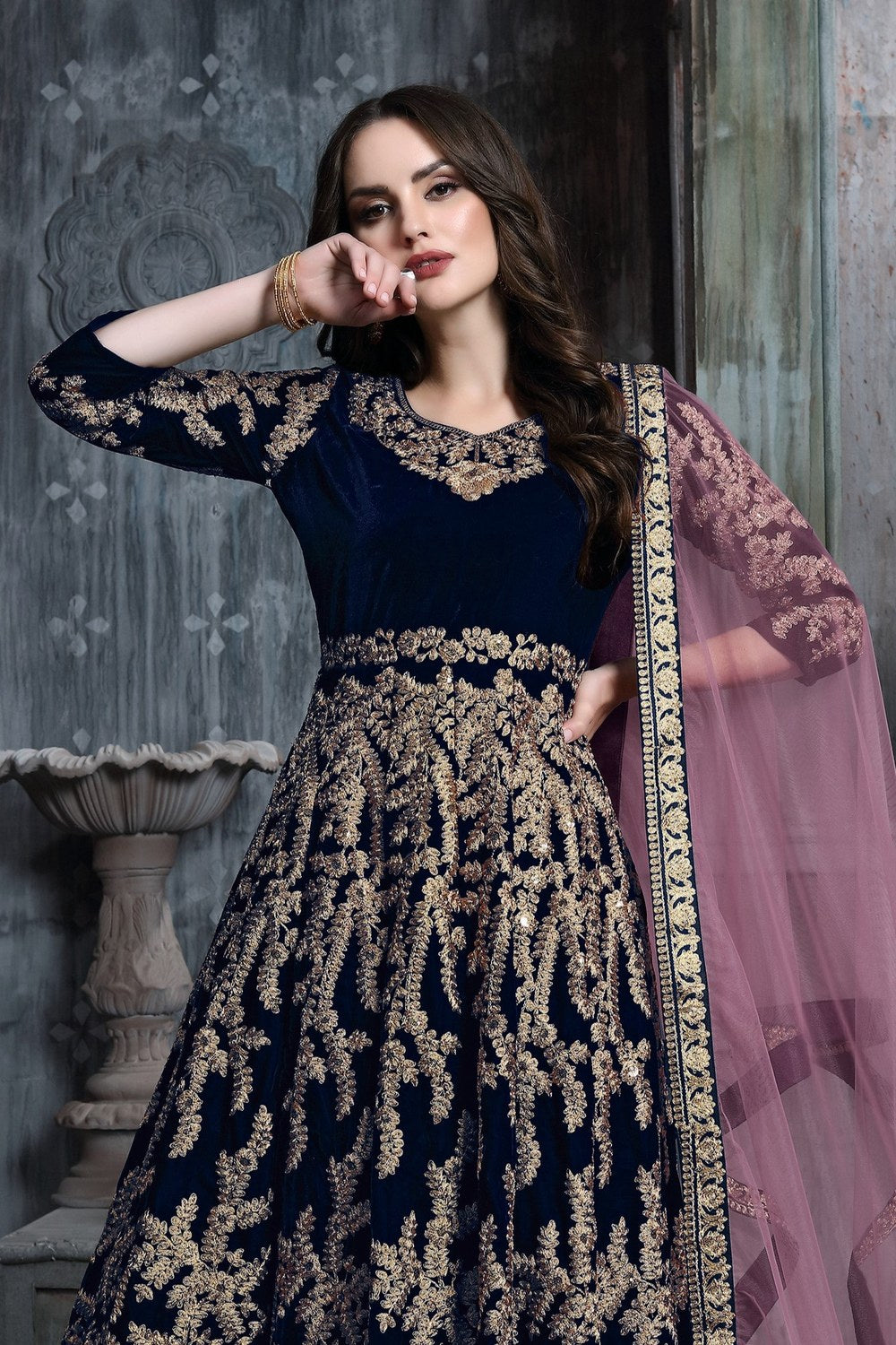 Light Navy Blue Embroidery Anarkali Velvet Suit Women - close-up view