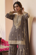 Brown Pakistani Sharara Suits for Wedding with Sequins & Dori Work - close-up view