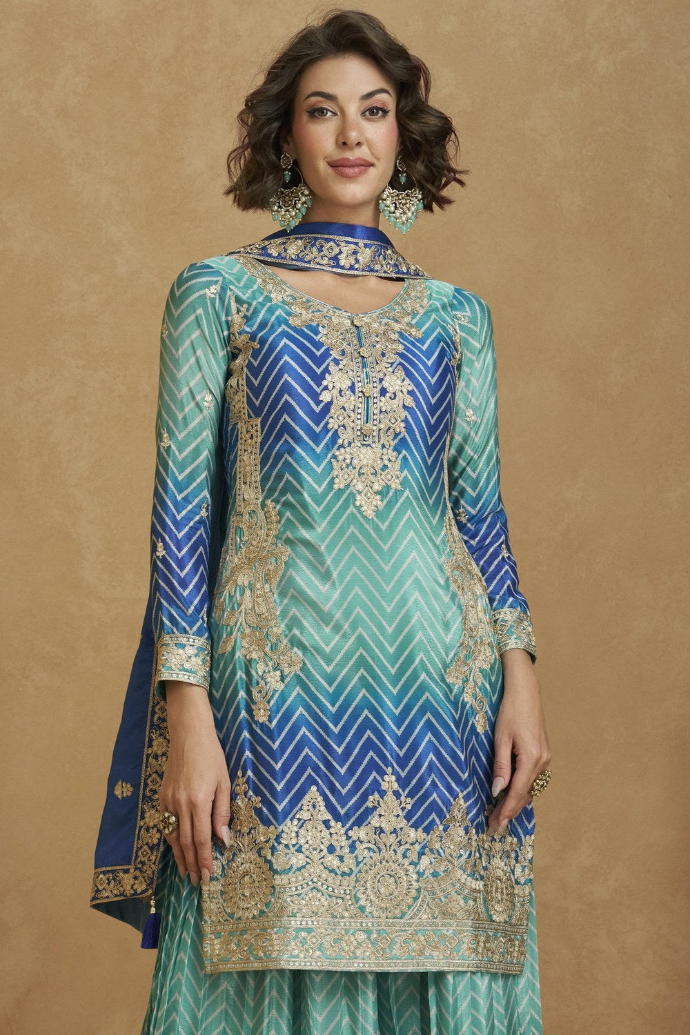 Blue Chinon Silk Dual Color Palazzo Suit For Indian Wedding & Pakistani Festival - Embroidery Work - close-up view