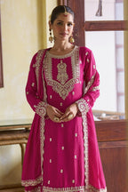 Pink Chinon Silk Kameez With Pant For Indian & Pakistani Wedding Festival - Sequins Embroidery Work, Dori Work