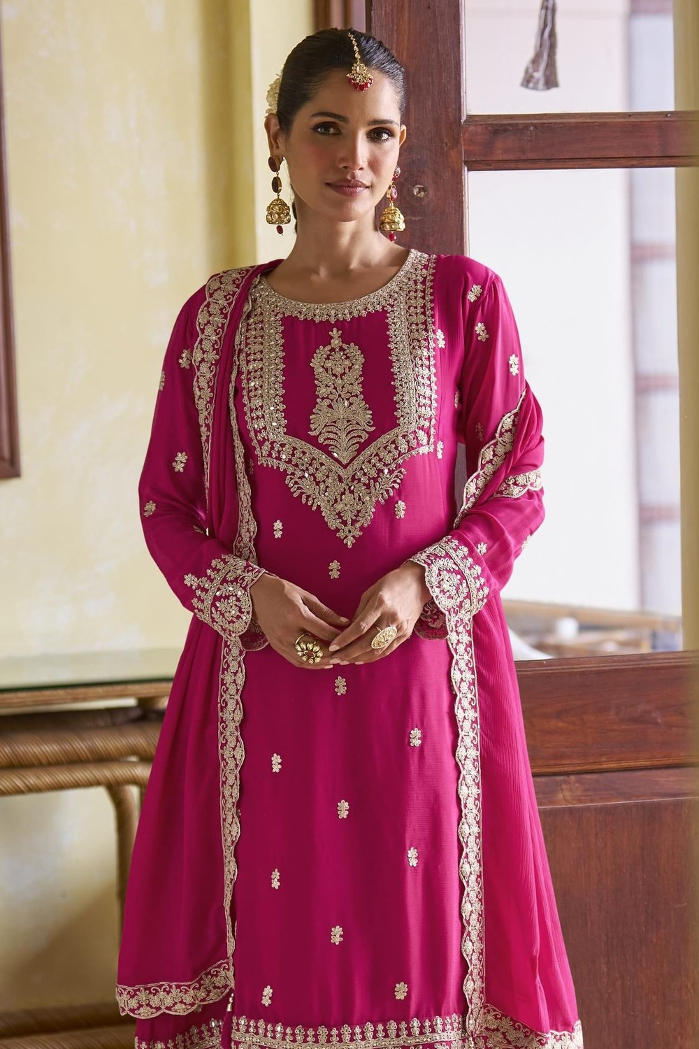 Pink Chinon Silk Kameez With Pant For Indian & Pakistani Wedding Festival - Sequins Embroidery Work, Dori Work
