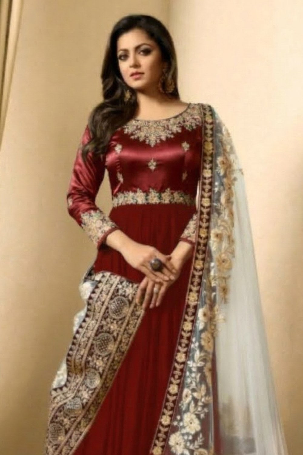 Red Georgette Anarkali Suits Indian Dresses For Marriage - Embroidery Work RTS - close-up view
