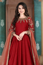 Red Chinon Silk Anarkali Indian Party Wear Dresses with Thread Embroidery Work - close-up view
