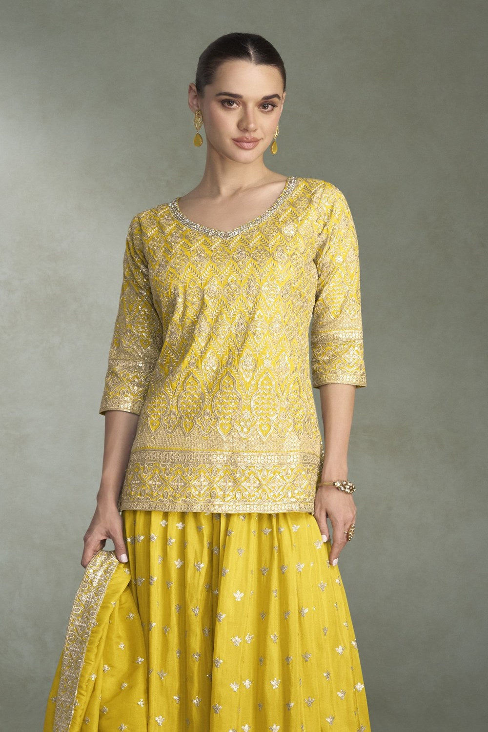 Yellow Plazo Suit Design for Wedding in Simmer Silk with Sequins Embroidery - close-up view