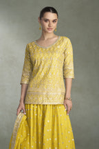 Yellow Plazo Suit Design for Wedding in Simmer Silk with Sequins Embroidery - close-up view