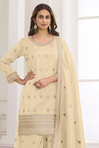 Cream Indian Wedding Wear Palazzo Suit in Simmer Silk & Embroidery Work - close-up view
