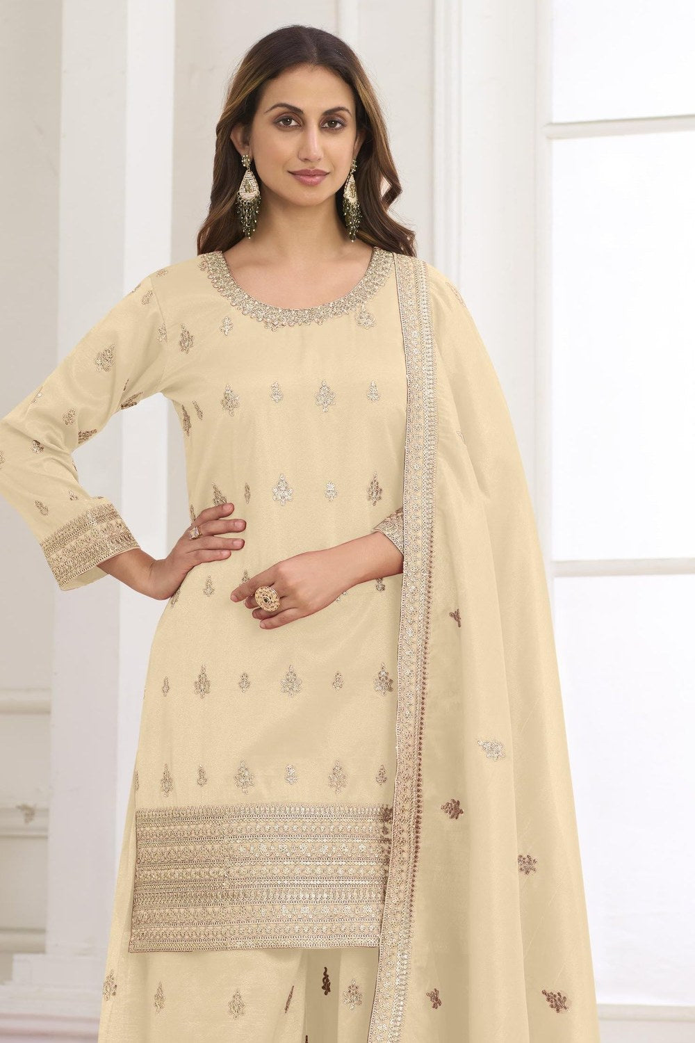 Cream Indian Wedding Wear Palazzo Suit in Simmer Silk & Embroidery Work - close-up view