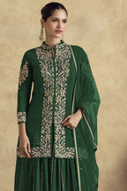 Dark Green Chinon Silk Plazo Suit For Indian Weddings & Pakistani Festival - Embroidery Work - close-up view