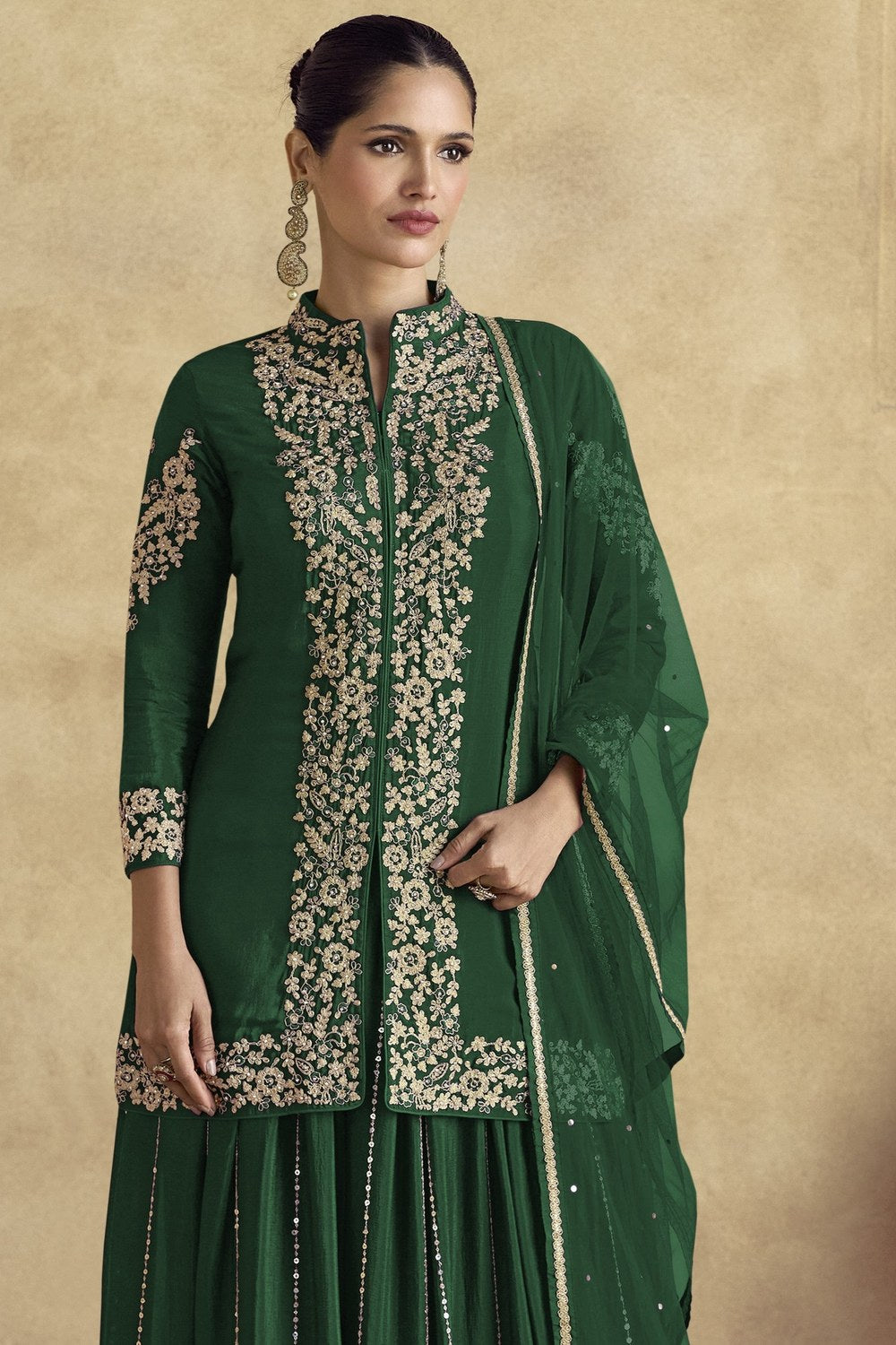 Dark Green Chinon Silk Plazo Suit For Indian Weddings & Pakistani Festival - Embroidery Work - close-up view