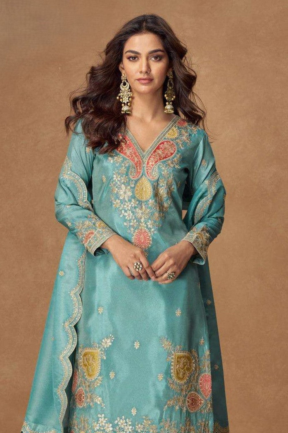 Turquoise Simmer Silk Indian Palazzo Suits Online with Sequin & Thread - close-up view