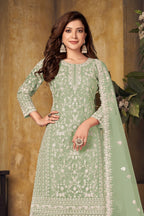 Green Net Plazo with Thread Work for Sangeet Outfits for Women - close-up view