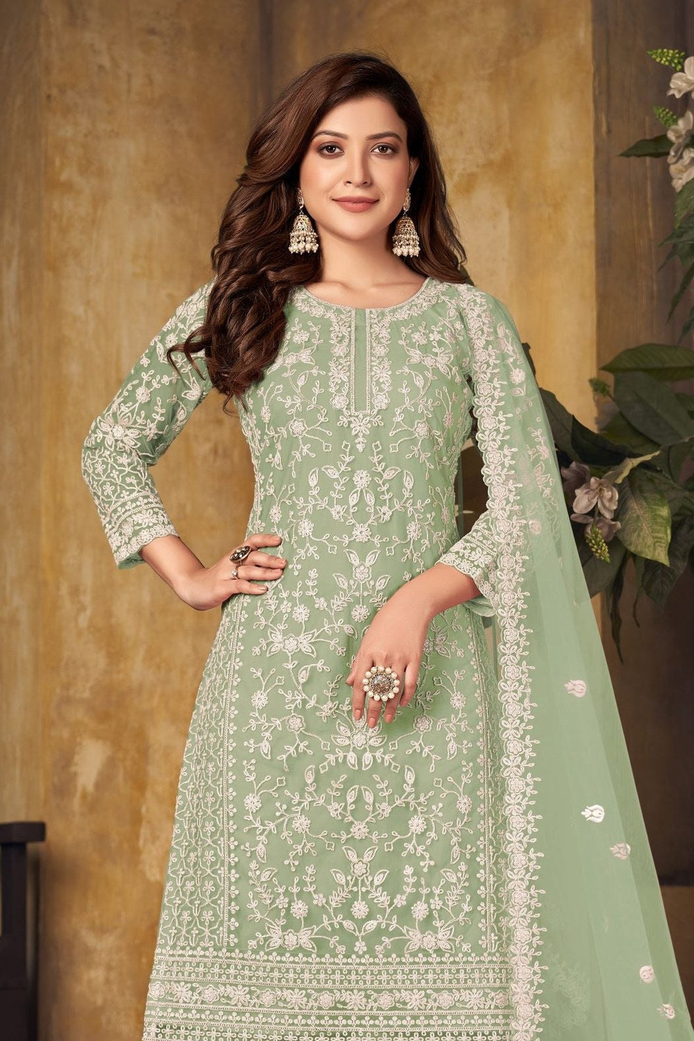Green Net Plazo with Thread Work for Sangeet Outfits for Women - close-up view