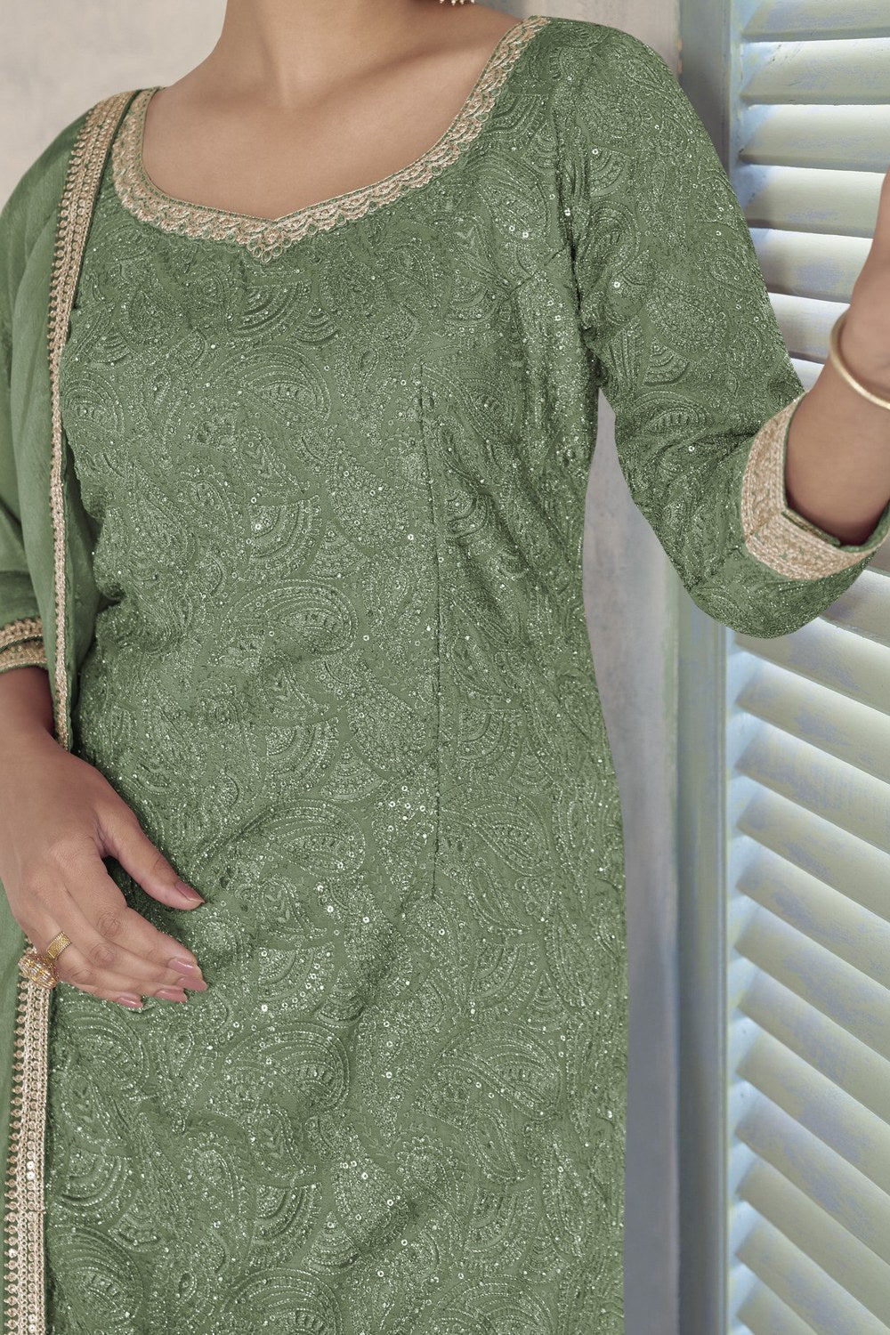 Green Chinon Silk Plazo Dress for Women with Embroidery Work - hem and footwear detail