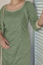 Green Chinon Silk Plazo Dress for Women with Embroidery Work - hem and footwear detail