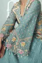 Teal Chinon Silk Kameez With Skirt For Indian & Pakistani Wedding Festival - Thread Embroidery Work, Real Mirror Work, Dori Work - hem and footwear detail